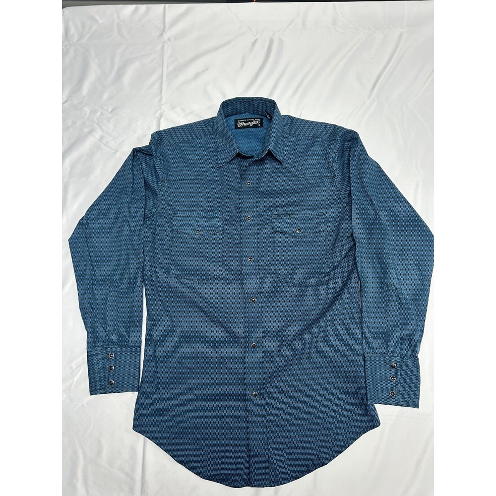Wrangler Men's Silver Edition Geo Print‎ Long Sleeve Snap Western Shirt Blue